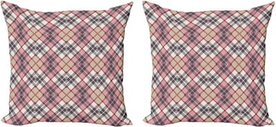 ABAKUHAUS Vintage decoratieve kussenhoez 2-pack, tartanpatroon, 60x60 cm, lichtroze, ivoor, grijs