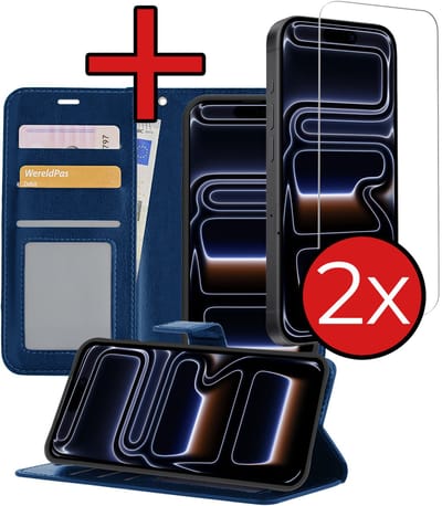 Hoesje - Met 2x Screenprotector - Geschikt voor iPhone 17 Pro / 18 Pro - Luxe Pasjeshouder - Flip Case - Bookcase Portemonee - Kunstleer Book Case - Flipcase Hoes - Book Cover - Walletcase - Portemonneehoes - Telefoonhoes - Donkerblauw