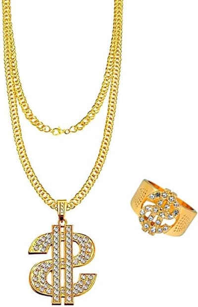 Hip-hop rapper accessoires set met gouden dollar ketting en ring in retro gangsterstijl uit de jaren 70, 80 en 90 - ideaal voor carnaval, themafeesten en kostuumverkleedpartijen!