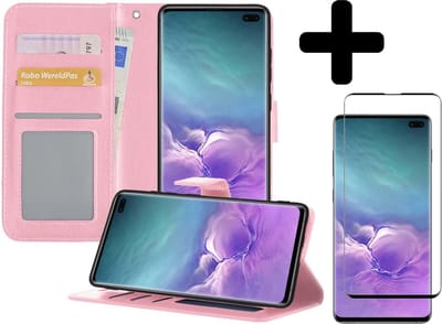 Hoesje - Met Screenprotector - Geschikt voor Samsung Galaxy S10 - Luxe Pasjeshouder - Bookcase Portemonee - Flip Case - Kunstleer Book Case - Flipcase - Book Cover - Walletcase - Portemonneehoes - Telefoonhoesjes - Lichtroze