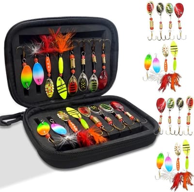 Complete 14-delige Lepelset voor Forelvissen met Opbergdoos, UV Actieve Aas, Geschikt voor Forel, Baars en Zander, 3g/3.5g/4.5g/5g Lepels en Visspullen