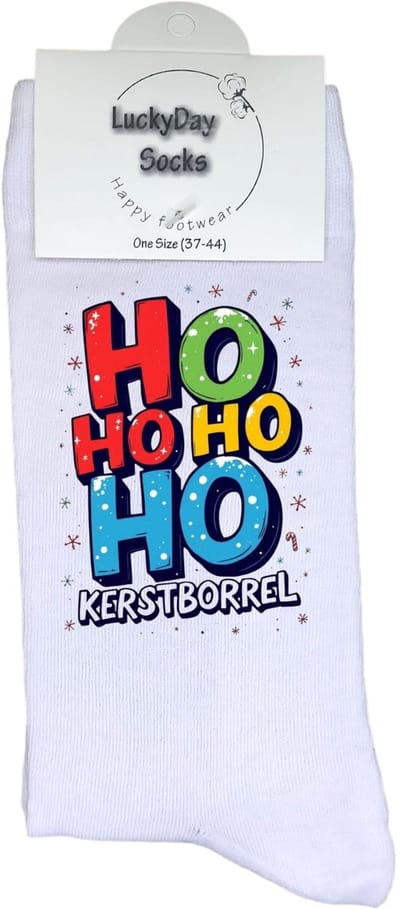 Kerst hohohoho - Kleur - Kerstborrel - Vrolijk kerstfeest -Modern kerst - Grappige sokken - Kerstcadeau - LuckyDay Socks - Kerstsokken - Foute kerst sokken - Leuk kerst cadeau - Cadeau tip - Voor hem - Voor haar - Unisex - Maat 37-44