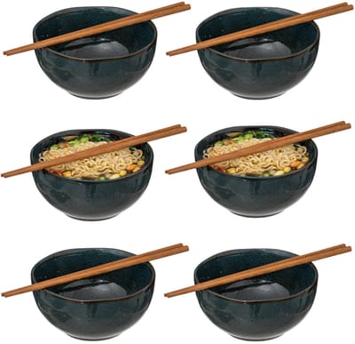 Secret de Gourmet Pokebowl/noedels servies - 6x stuks kommetjes met chopsticks - kunststeen - jade groen - D15 x H7 cm