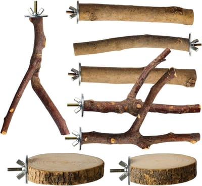 Parkietenspeelgoed Set - Vogelkooi Accessoires - Actief Klimmen - Natuurlijk Hout - 8 Delig - Beige