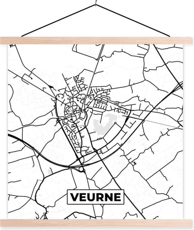 Posterhanger incl. Poster 40x40 cm - Schoolplaat - Zwart Wit – België – Plattegrond – Stadskaart – Kaart – Veurne - Textielposter - Blanke latten - Stadskaart