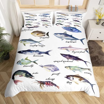Turkoois Baars Vis King Queen Beddengoed Set Zeedier Dekbedovertrek Jacht Thema Bosland Jungle Scène Polyester Dekbedovertrek 200x200cm 3pcs