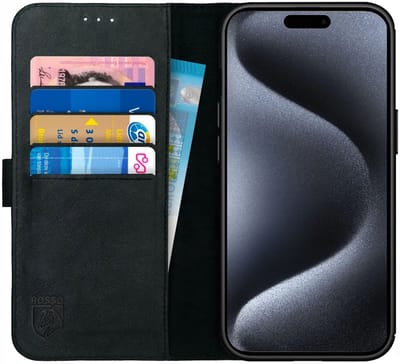 Rosso Deluxe Echt Leer Book Case Hoesje Geschikt voor Apple iPhone 15 Pro Max | Ruimte voor drie pasjes | Portemonnee Book Case | Met Pasjeshouder | Zwart