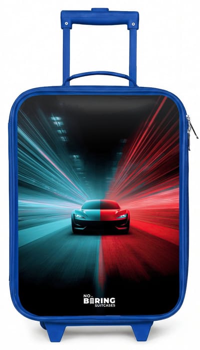 NoBoringSuitcases.com® - Kinderkoffer blauw - Kindertrolley jongen - Sportwagen - Lichtstralen - Neon - Blauw - Koffer kind lichtgewicht - Reiskoffer trolley voor kinderen - Koffertje met lichtgevende wieltjes - Rolkoffer