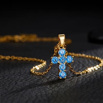 VANDAAG VERZONDEN - Ketting - Kruis - Diamanten - Goud - Christelijk - Jezus - Blauw