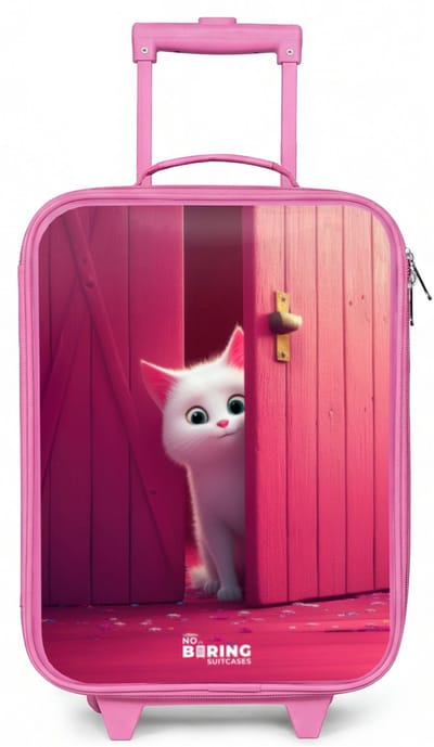 NoBoringSuitcases.com® - Kinderkoffer roze - Kindertrolley meisje - Witte kat gluurt door roze deur - Koffer kind lichtgewicht - Reiskoffer trolley voor kinderen - Koffertje met lichtgevende wieltjes - Rolkoffer