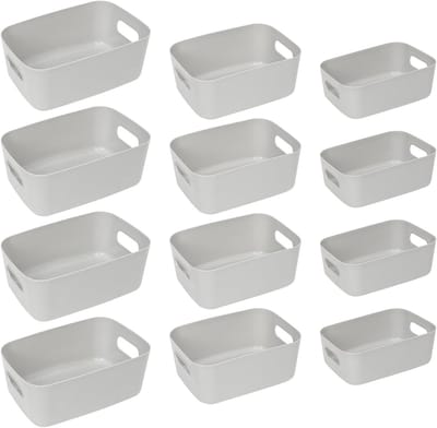 Grijze opbergdozen set van 12 stuks voor efficiënt organiseren, opslag en ruimtebesparing