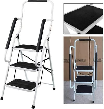 Opvouwbare Trapladder - 3 Treden met Leuning - Stevige Stalen Constructie - Antislip Brede Treden - Gemakkelijk Op Te Bergen - Maximale Belastbaarheid 150 kg