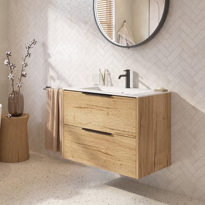 Saqu Lima badmeubel incl. glans witte keramische wastafel 80x46x61cm eiken marcato – mat zwarte greep