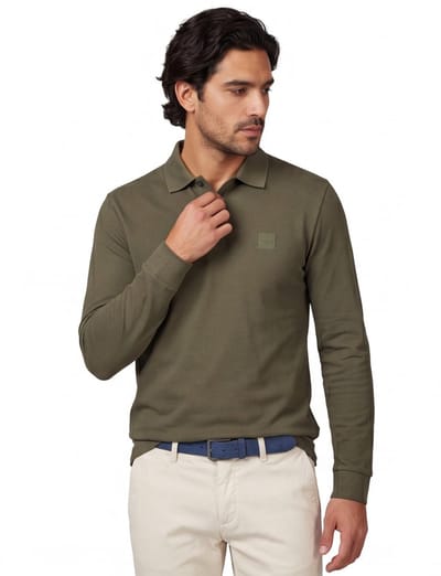 BOSS Orange Passerby open lange mouw polo groen effen