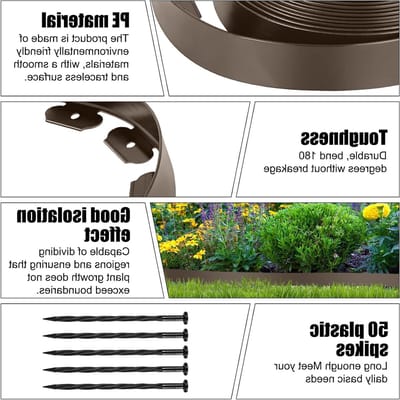 Flexibele Tuinrand van Kunststof, 10 m x 5 cm, Tuinhek, Grasafscheiding met 50 Haringen, Tuinidee voor Tuinen, Bloembedden en Tuinpaden, Bruin, Duurzaam en Weerbestendig