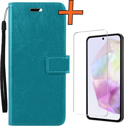 Hoes - Met Screenprotector - Geschikt voor Samsung Galaxy A35 - Luxe Pasjeshouder - Bookcase Portemonee - Flip Case - Kunstleer Book Case - Flipcase - Book Cover - Walletcase - PortemonneeHoes - Turquoise