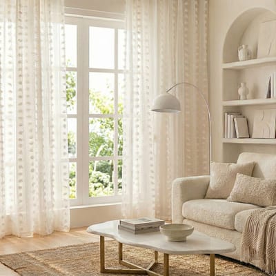 MUPOO Boho Lichtdoorlatend Vitrage kant en klaar met Tunnelzoom - Voile Gordijn met Speelse Pompons-Veilig & Zacht-Privacybiedend-voor Woonkamer & Slaapkamer - Inclusief Embrasse-132x213cm-1 stuck