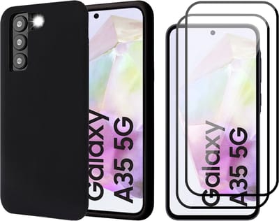 Hoesje geschikt voor Samsung Galaxy A35 - 2x Screenprotector Volledig Dekkend Glas - Mat Back Case Zwart