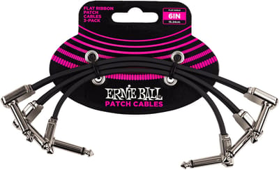 Ernie Ball Flat Ribbon - Patchkabel - Haaks naar Haaks - 15cm - Zwart - Metalen Behuizing - Pedalboard - 3-Pack