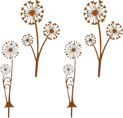 Decoratieve Tuinstekers - Paardenbloem Decoratie - Buiten Decoreren - Roestlook Ijzer - 4 Stuks - Roestbruin