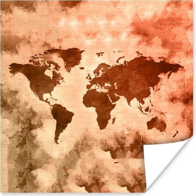 Poster 30x30 cm - Wereldkaart - Rook - Bruin - Posters - Kamer decoratie - Wanddecoratie woonkamer - Muurdecoratie slaapkamer