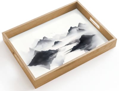 Dienblad hout 40x30 cm - Schootdienblad - Bergen - Mistig - Water - Wit - Borrelplank rechthoek - Plateau dienbladen
