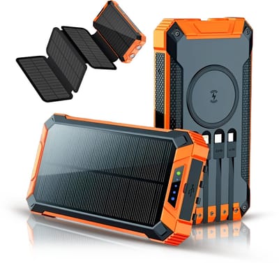 Tech Essentials Solar Powerbank 26800 mAh - Ingebouwde Kabels - USB-C - Zonneenergie - Met Zaklamp - Opvouwbare Zonnepanelen - Groot - Zwart Oranje
