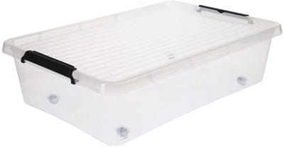 5Five opberg kist met deksel - Clip Box - 29 liter - 58 x 39 x 16 cm - kunststof - transparant - met wielen