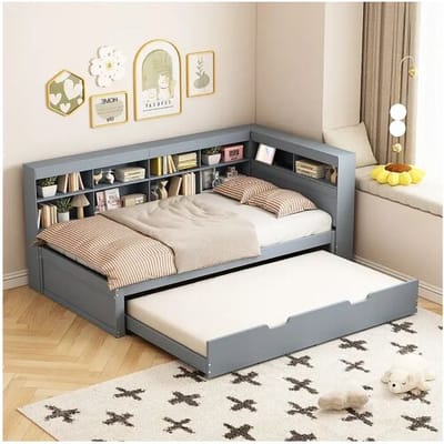 Merax Onderschuifbed 90 x 200 cm + 90 x 190 cm met USB-aansluiting en opbergvak - grenenhout + MDF - Grijs (zonder matras)