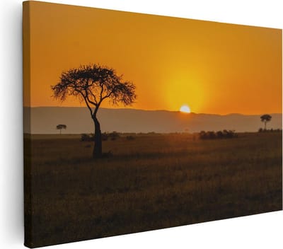 Artaza Canvas Schilderij Zonsondergang - 30x20 cm - Klein - Wanddecoratie Afrika - Muurdecoratie Boom - Kamer Accessoires Savanne