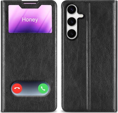Cadorabo Hoesje geschikt voor Samsung Galaxy S24 PLUS in Zwart - Beschermhoes met magnetische sluiting, standfunctie en 2 kijkvensters Book Case Cover Etui