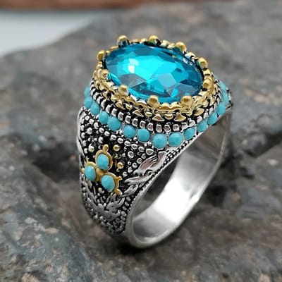 Bague Tendance Vintage pour Femmes Bague Chevalière Turque Sculptée à la Main pour Femmes Hommes Créativité Zircon Bleu Incrusté Bijoux de Fête Punk 13