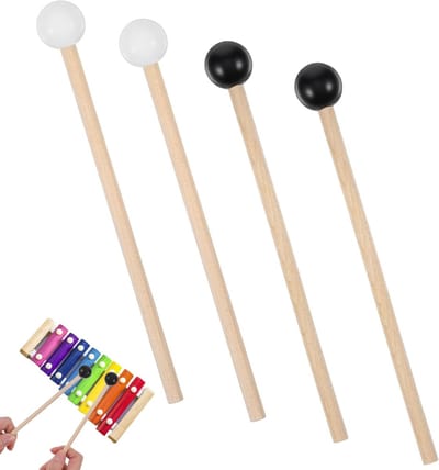2 paar rubberen xylofoonhamers met houten handvat, percussiestokken en ritmesticks voor kinderen, ideaal voor glockenspiel en houten blokken
