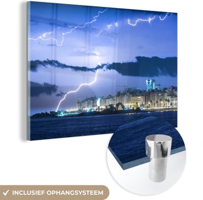 ® Glasschilderij 180x120 cm - Schilderij acrylglas - Bliksemschichten boven Montevideo in Uruguay - Foto op glas - Muurdecoratie woonkamer - Wanddecoratie slaapkamer - Schilderijen
