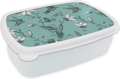 Broodtrommel Wit - Lunchbox - Brooddoos - Patronen - Vogel - Bloemen - 18x12x6 cm - Volwassenen