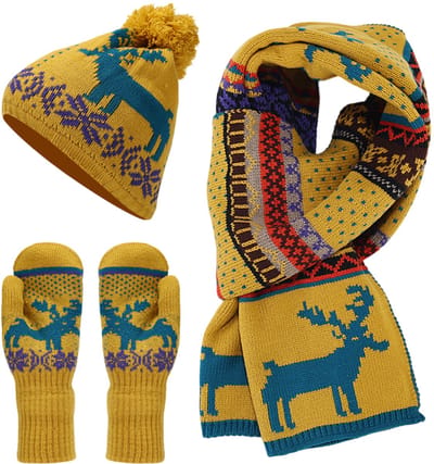 Winterset - Gebreide Muts - Lange Sjaal - Volledige Vinger Handschoenen - Heren Dames - Skiën - Fietsen - Wandelen - Dagelijks Gebruik - Kerstcadeau - Geel
