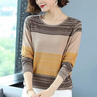 Gebreid T-shirt met dieptepunt, groot formaat lente en herfst, damestopjes met ronde hals en lange mouwen M beige