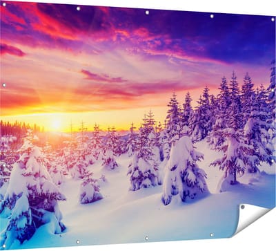Gards Tuinposter Zonsondergang in het Sneeuw Bos - 160x120 cm - Tuindoek - Tuindecoratie - Wanddecoratie buiten - Tuinschilderij