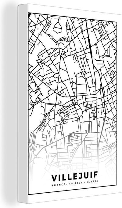 Canvas Schilderij Stadskaart - Frankrijk - Villejuif - Kaart - Plattegrond - Zwart wit - 20x30 cm - Wanddecoratie