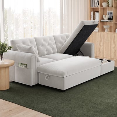 STILVORA Hoekbank 219 x 131 cm - Met Verwisselbare Chaise Longue En Opberghocker - Tijdelijke Slaapfunctie - Woonkamer - Velvet Beige