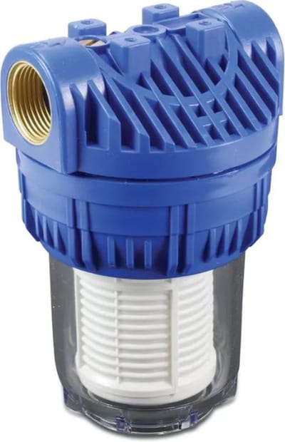 Cartridgefilter 5" kunststof 3/4" binnendraad, 8 bar, 60µm nylon gaas met 1/8" manometeraansluiting – Voorfilter zand & vaste deeltjes