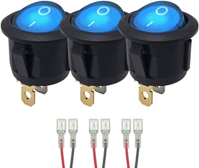 ProRide Wipschakelaar ON-OFF KCD2-220 - met Aansluitkabels - Rond - 3 pins - 250V/6A - Blauw - 3 stuks
