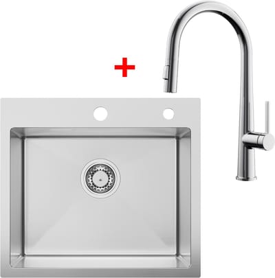 SOFETIY MAX Spoelbak voor keuken 50 x 45 cm - Spoelbak Keuken Met C-uitloop Keukenkraan - Keukenwasbak voor Inbouw - Wasbak Keuken Met Waterafvoersysteem - RVS