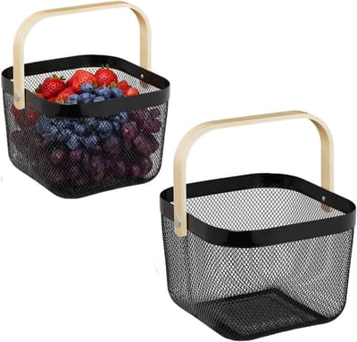 Draadmand met Handvat voor Tuinieren, Opslag en Picknick - Vierkante Mand voor Keuken en Badkamer, 18 x 24,5 x 24,5 cm, Set van 2 (Zwart)
