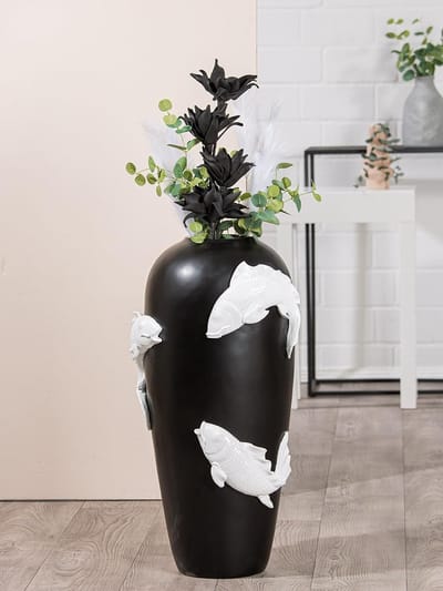 Vaas grote vloervaas - vaas XXL met koi vismotief - bloemenvaas van kunsthars - decoratie woonkamer kleur: zwart wit hoogte 73 cm
