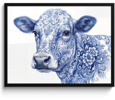 Poster in lijst - Fotolijst 80x60 cm - Posters - Illustratie - Koe - Blauw - Posterlijst zwart - Decoratie - Wanddecoratie woonkamer - Muurdecoratie slaapkamer