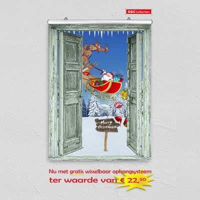 Tuin poster - kerst poster - 60x80 cm - doorkijk - open groene deuren Santa Claus slee sneeuwlandschap - winter poster - kerst decoratie- kerstinterieur - kerst wanddecoratie