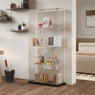 Glazen vitrinekast met LED-verlichting, 2 deuren, 4 planken, gehard glas, voor het tentoonstellen van verzamelobjecten, boeken in de woonkamer, wijn - Zwart