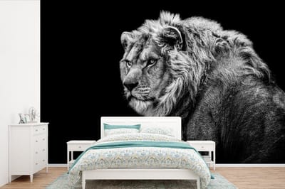Behang - Fotobehang Leeuw - Portret - Wilde dieren - Zwart - Wit - Breedte 420 cm x hoogte 280 cm