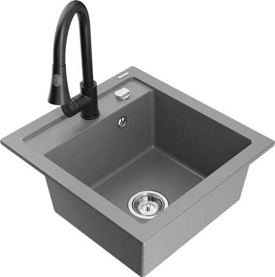 Mexen Vito granieten spoelbak met 1 bak met keukenmengkraan Elia, grijs - 6503-71-670101-70